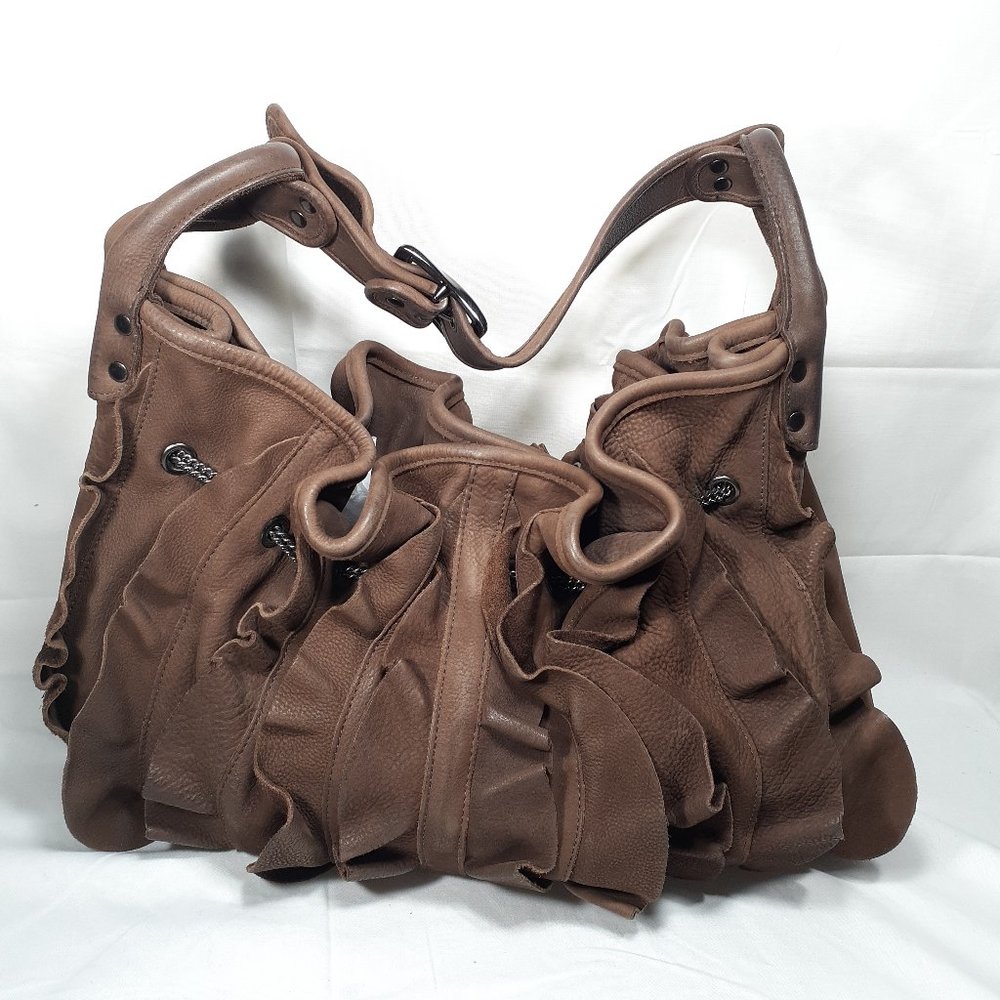 Be & D Ruffled Mocha Leather Hobo Bag